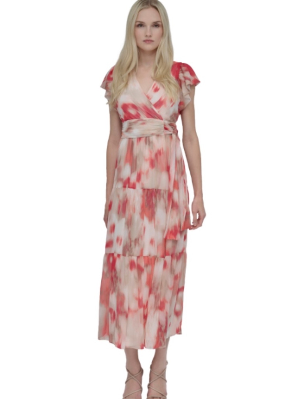 Dkny Women's Printed Flutter-Sleeve Tie-Waist Maxi Dress - Coral Multi
